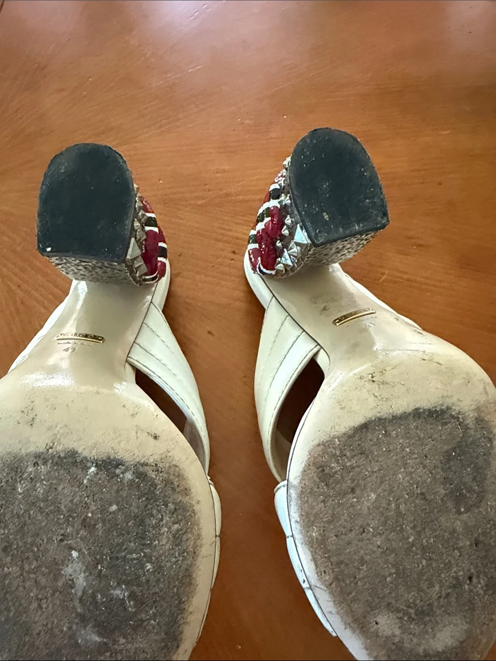 Gucci Cream Slip-On Heels with Red & Black Embellished Snake-Detail Heel - Picture 8 of 10